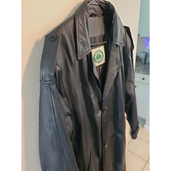 Vintage Burks Bay Long Black Leather Jacket Trench Coat With Belt Women's XL 50L - Picture 3 of 12
